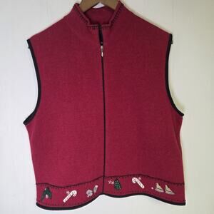 Vintage Woolrich Womens Lambswool Ruby Red Christmas Zip Up Vest Size XL